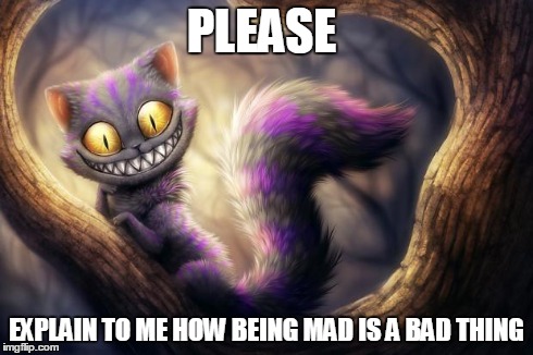 cheshire cat words of wisdom | PLEASE EXPLAIN TO ME HOW BEING MAD IS A BAD THING | image tagged in cheshire cat | made w/ Imgflip meme maker