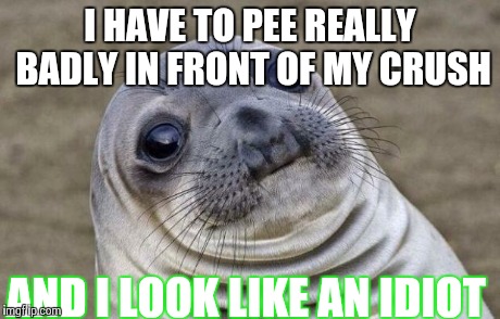 Awkward Moment Sealion | I HAVE TO PEE REALLY BADLY IN FRONT OF MY CRUSH AND I LOOK LIKE AN IDIOT | image tagged in memes,awkward moment sealion | made w/ Imgflip meme maker