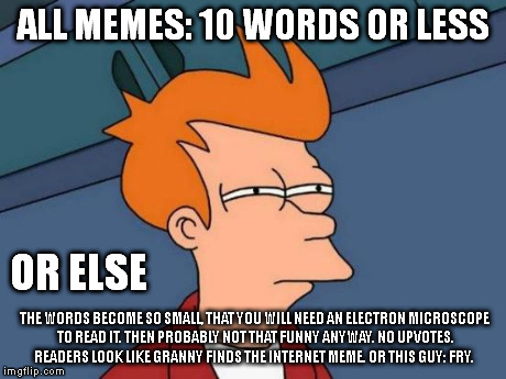 Less is More | ALL MEMES: 10 WORDS OR LESS OR ELSE THE WORDS BECOME SO SMALL, THAT YOU WILL NEED AN ELECTRON MICROSCOPE TO READ IT. THEN PROBABLY NOT THAT  | image tagged in memes,futurama fry | made w/ Imgflip meme maker