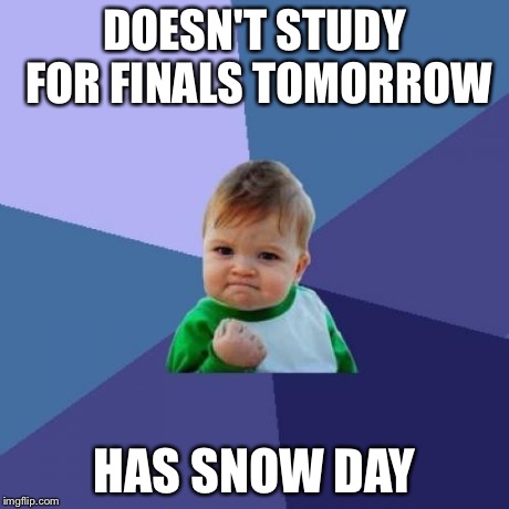 Success Kid | DOESN'T STUDY FOR FINALS TOMORROW HAS SNOW DAY | image tagged in memes,success kid | made w/ Imgflip meme maker