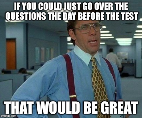 That Would Be Great | IF YOU COULD JUST GO OVER THE QUESTIONS THE DAY BEFORE THE TEST THAT WOULD BE GREAT | image tagged in memes,that would be great | made w/ Imgflip meme maker