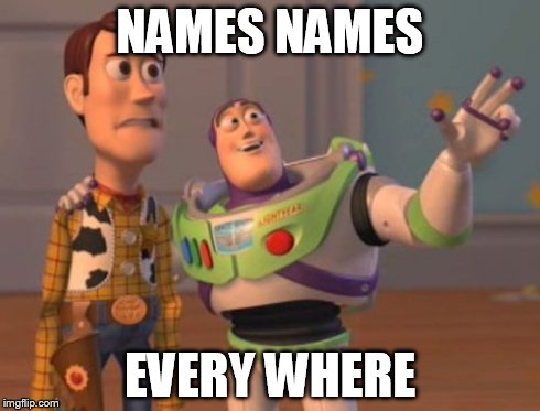 X, X Everywhere Meme | NAMES NAMES EVERY WHERE | image tagged in memes,x x everywhere | made w/ Imgflip meme maker