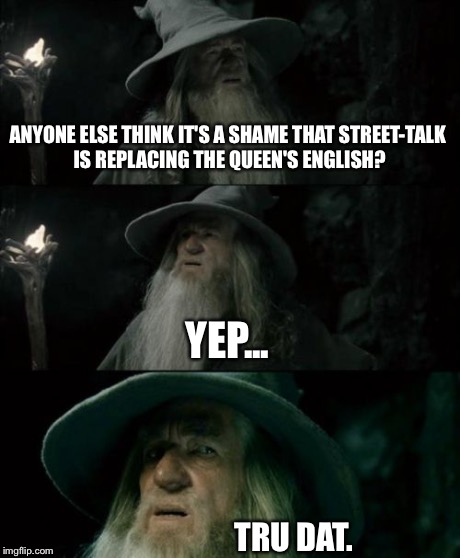 Food for thought Gandalf... | ANYONE ELSE THINK IT'S A SHAME THAT STREET-TALK IS REPLACING THE QUEEN'S ENGLISH? YEP... TRU DAT. | image tagged in memes,confused gandalf | made w/ Imgflip meme maker