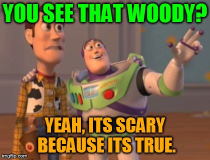 X, X Everywhere Meme | YOU SEE THAT WOODY? YEAH, ITS SCARY BECAUSE ITS TRUE. | image tagged in memes,x x everywhere | made w/ Imgflip meme maker