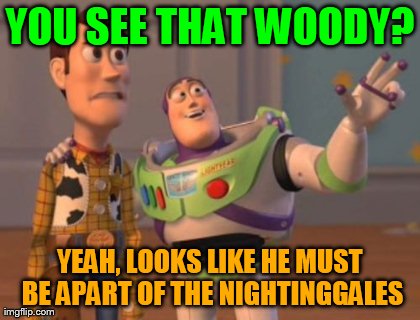 X, X Everywhere Meme | YOU SEE THAT WOODY? YEAH, LOOKS LIKE HE MUST BE APART OF THE NIGHTINGGALES | image tagged in memes,x x everywhere | made w/ Imgflip meme maker