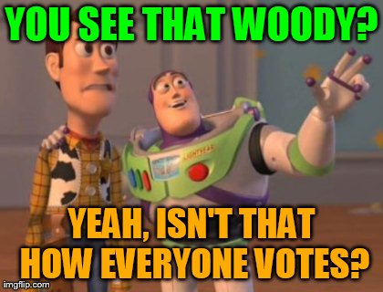 X, X Everywhere Meme | YOU SEE THAT WOODY? YEAH, ISN'T THAT HOW EVERYONE VOTES? | image tagged in memes,x x everywhere | made w/ Imgflip meme maker