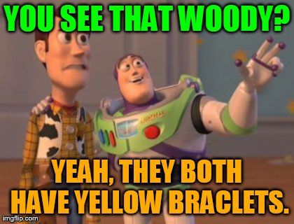 X, X Everywhere Meme | YOU SEE THAT WOODY? YEAH, THEY BOTH HAVE YELLOW BRACLETS. | image tagged in memes,x x everywhere | made w/ Imgflip meme maker