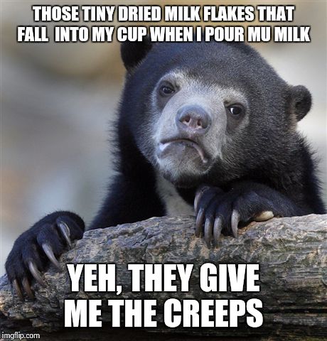 yuk, I wonder if the dried milk is going to make sick | THOSE TINY DRIED MILK FLAKES THAT FALL  INTO MY CUP WHEN I POUR MU MILK YEH, THEY GIVE ME THE CREEPS | image tagged in memes,confession bear | made w/ Imgflip meme maker