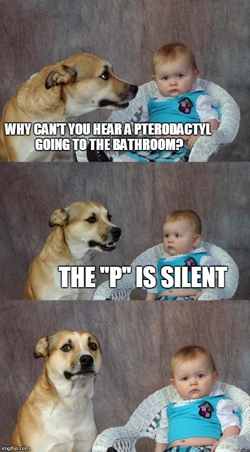 Dad Joke Dog Meme | WHY CAN'T YOU HEAR A PTERODACTYL GOING TO THE BATHROOM? THE "P" IS SILENT | image tagged in memes,dad joke dog | made w/ Imgflip meme maker