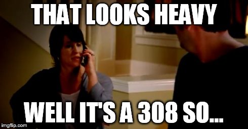 THAT LOOKS HEAVY WELL IT'S A 308 SO... | image tagged in jake | made w/ Imgflip meme maker