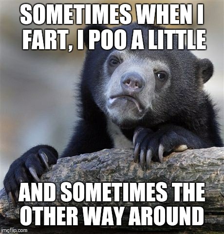 Confession Bear | SOMETIMES WHEN I FART, I POO A LITTLE AND SOMETIMES THE OTHER WAY AROUND | image tagged in memes,confession bear | made w/ Imgflip meme maker