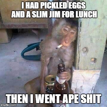 Drunken Ass monkey | I HAD PICKLED EGGS AND A SLIM JIM FOR LUNCH THEN I WENT APE SHIT | image tagged in drunken ass monkey | made w/ Imgflip meme maker