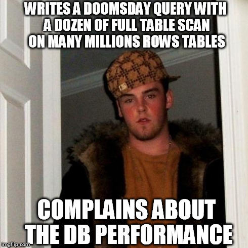 Scumbag Steve Meme | WRITES A DOOMSDAY QUERY WITH A DOZEN OF FULL TABLE SCAN ON MANY MILLIONS ROWS TABLES COMPLAINS ABOUT THE DB PERFORMANCE | image tagged in memes,scumbag steve | made w/ Imgflip meme maker