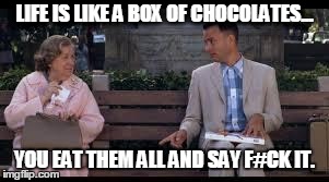forrest gump box of chocolates | LIFE IS LIKE A BOX OF CHOCOLATES... YOU EAT THEM ALL AND SAY F#CK IT. | image tagged in forrest gump box of chocolates | made w/ Imgflip meme maker