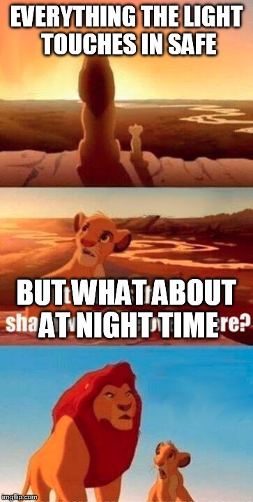 Simba Shadowy Place | EVERYTHING THE LIGHT TOUCHES IN SAFE BUT WHAT ABOUT AT NIGHT TIME | image tagged in memes,simba shadowy place | made w/ Imgflip meme maker