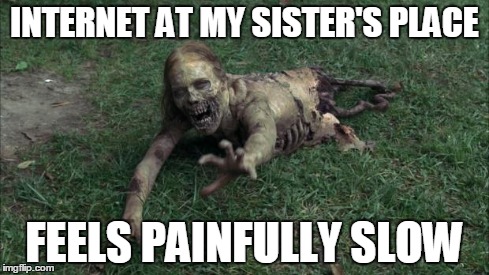 Feels painfully slow | INTERNET AT MY SISTER'S PLACE FEELS PAINFULLY SLOW | image tagged in zombies,the walking dead,bicycle girl,internet,gore,slow | made w/ Imgflip meme maker