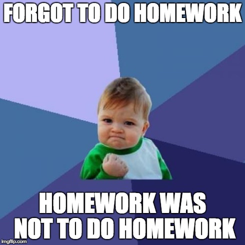 Success Kid | FORGOT TO DO HOMEWORK HOMEWORK WAS NOT TO DO HOMEWORK | image tagged in memes,success kid | made w/ Imgflip meme maker