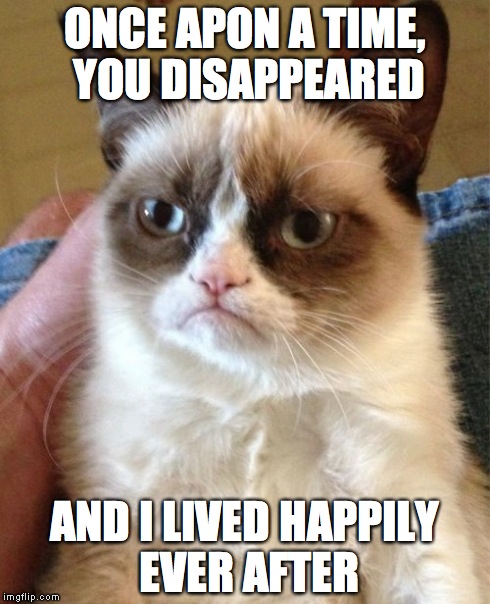 Grumpy Cat | ONCE APON A TIME, YOU DISAPPEARED AND I LIVED HAPPILY EVER AFTER | image tagged in memes,grumpy cat | made w/ Imgflip meme maker