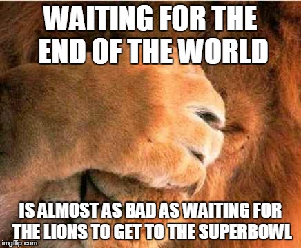 Patience!  | WAITING FOR THE END OF THE WORLD IS ALMOST AS BAD AS WAITING FOR THE LIONS TO GET TO THE SUPERBOWL | image tagged in lion,nfl | made w/ Imgflip meme maker