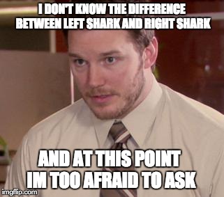Afraid To Ask Andy (Closeup) | I DON'T KNOW THE DIFFERENCE BETWEEN LEFT SHARK AND RIGHT SHARK AND AT THIS POINT IM TOO AFRAID TO ASK | image tagged in and i'm too afraid to ask andy,AdviceAnimals | made w/ Imgflip meme maker