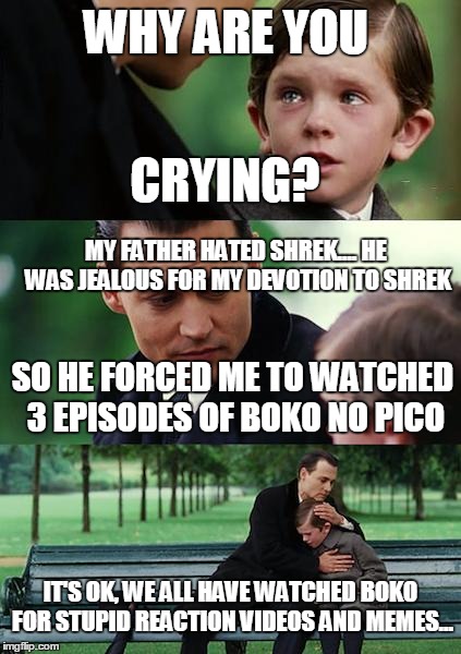 Finding Neverland Meme | WHY ARE YOU MY FATHER HATED SHREK.... HE WAS JEALOUS FOR MY DEVOTION TO SHREK IT'S OK, WE ALL HAVE WATCHED BOKO FOR STUPID REACTION VIDEOS A | image tagged in memes,finding neverland | made w/ Imgflip meme maker