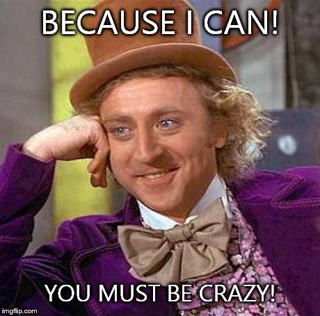 BECAUSE I CAN! YOU MUST BE CRAZY! | image tagged in memes,creepy condescending wonka | made w/ Imgflip meme maker