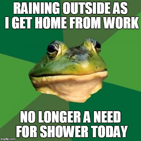 Foul Bachelor Frog Meme | RAINING OUTSIDE AS I GET HOME FROM WORK NO LONGER A NEED FOR SHOWER TODAY | image tagged in memes,foul bachelor frog | made w/ Imgflip meme maker