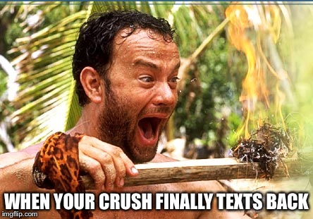 Castaway Fire Meme | WHEN YOUR CRUSH FINALLY TEXTS BACK | image tagged in memes,castaway fire | made w/ Imgflip meme maker