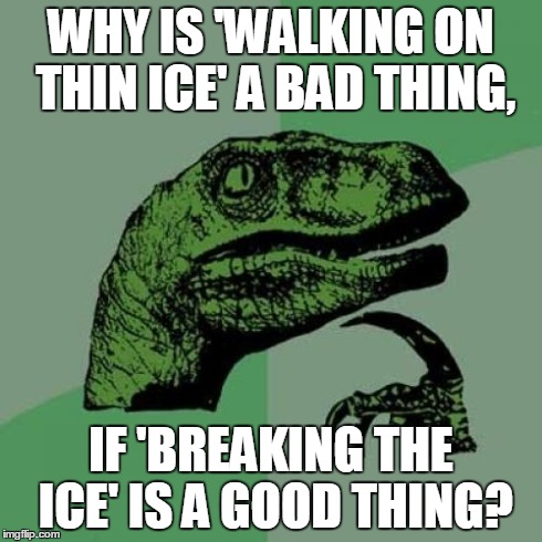 Philosoraptor Meme | WHY IS 'WALKING ON THIN ICE' A BAD THING, IF 'BREAKING THE ICE' IS A GOOD THING? | image tagged in memes,philosoraptor | made w/ Imgflip meme maker