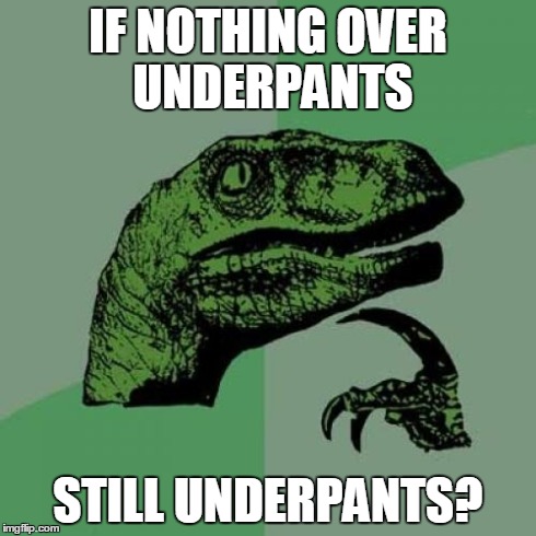 seems too elegant to be original | IF NOTHING OVER UNDERPANTS STILL UNDERPANTS? | image tagged in memes,philosoraptor,pants,pants off,clothing,freedom | made w/ Imgflip meme maker