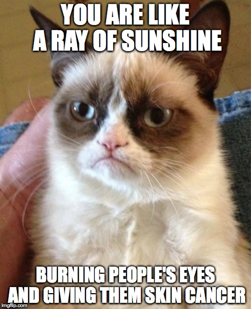 Grumpy Cat Meme | YOU ARE LIKE A RAY OF SUNSHINE BURNING PEOPLE'S EYES AND GIVING THEM SKIN CANCER | image tagged in memes,grumpy cat | made w/ Imgflip meme maker