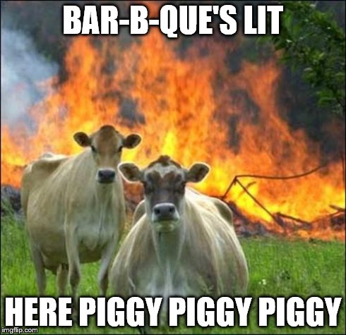 Evil Cows | BAR-B-QUE'S LIT HERE PIGGY PIGGY PIGGY | image tagged in memes,evil cows | made w/ Imgflip meme maker