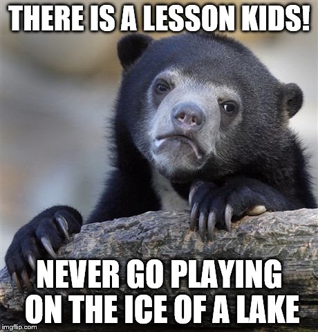 Confession Bear Meme | THERE IS A LESSON KIDS! NEVER GO PLAYING ON THE ICE OF A LAKE | image tagged in memes,confession bear | made w/ Imgflip meme maker