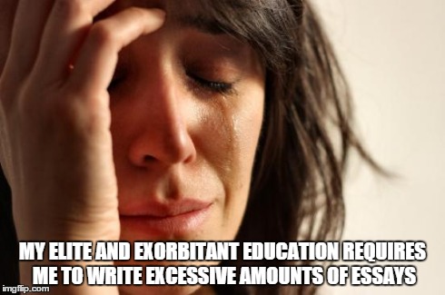 First World Problems Meme | MY ELITE AND EXORBITANT EDUCATION REQUIRES ME TO WRITE EXCESSIVE AMOUNTS OF ESSAYS | image tagged in memes,first world problems | made w/ Imgflip meme maker