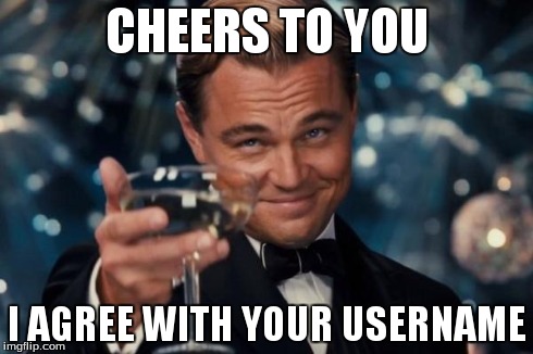 Leonardo Dicaprio Cheers Meme | CHEERS TO YOU I AGREE WITH YOUR USERNAME | image tagged in memes,leonardo dicaprio cheers | made w/ Imgflip meme maker