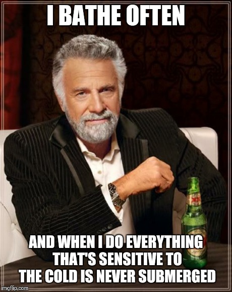 The Most Interesting Man In The World Meme | I BATHE OFTEN AND WHEN I DO EVERYTHING THAT'S SENSITIVE TO THE COLD IS NEVER SUBMERGED | image tagged in memes,the most interesting man in the world | made w/ Imgflip meme maker