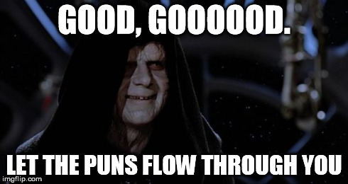 sith lord | GOOD, GOOOOOD. LET THE PUNS FLOW THROUGH YOU | image tagged in sith lord | made w/ Imgflip meme maker