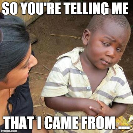 Third World Skeptical Kid Meme | SO YOU'RE TELLING ME THAT I CAME FROM .... | image tagged in memes,third world skeptical kid | made w/ Imgflip meme maker