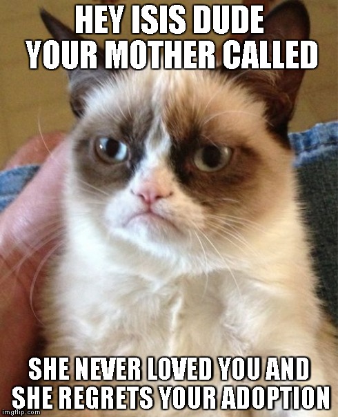 Yo Isis shithead! Over here!! | HEY ISIS DUDE YOUR MOTHER CALLED SHE NEVER LOVED YOU AND SHE REGRETS YOUR ADOPTION | image tagged in memes,grumpy cat | made w/ Imgflip meme maker