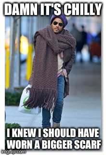 Lenny kravitz scarf | DAMN IT'S CHILLY I KNEW I SHOULD HAVE WORN A BIGGER SCARF | image tagged in funny | made w/ Imgflip meme maker
