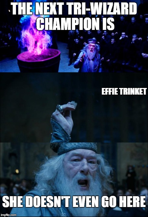 Goblet of Fire | THE NEXT TRI-WIZARD CHAMPION IS EFFIE TRINKET SHE DOESN'T EVEN GO HERE | image tagged in goblet of fire | made w/ Imgflip meme maker