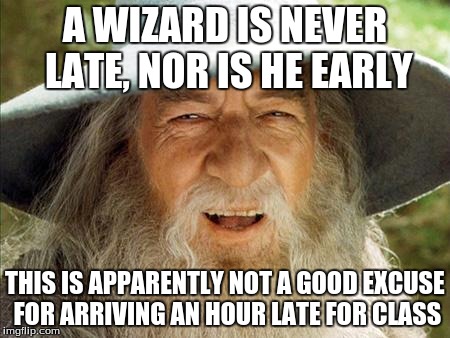 A Wizard Is Never Late | A WIZARD IS NEVER LATE, NOR IS HE EARLY THIS IS APPARENTLY NOT A GOOD EXCUSE FOR ARRIVING AN HOUR LATE FOR CLASS | image tagged in a wizard is never late | made w/ Imgflip meme maker
