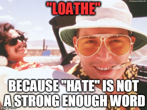 Fear and loathing | "LOATHE" BECAUSE "HATE" IS NOT A STRONG ENOUGH WORD | image tagged in fear and loathing | made w/ Imgflip meme maker