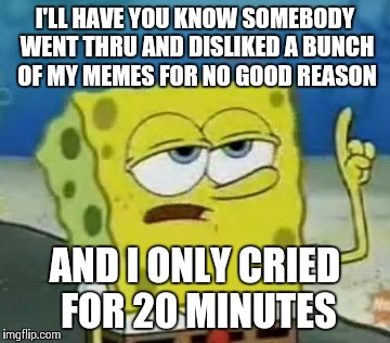 I'll Have You Know Spongebob | I'LL HAVE YOU KNOW SOMEBODY WENT THRU AND DISLIKED A BUNCH OF MY MEMES FOR NO GOOD REASON AND I ONLY CRIED FOR 20 MINUTES | image tagged in memes,ill have you know spongebob | made w/ Imgflip meme maker