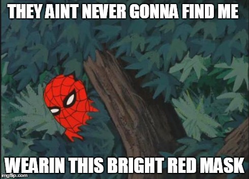 Spiderman Bushes | THEY AINT NEVER GONNA FIND ME WEARIN THIS BRIGHT RED MASK | image tagged in spiderman bushes | made w/ Imgflip meme maker