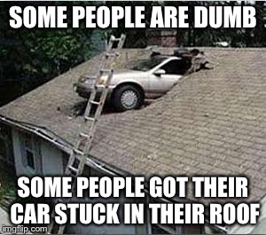 There are levels of stupidity | SOME PEOPLE ARE DUMB SOME PEOPLE GOT THEIR CAR STUCK IN THEIR ROOF | image tagged in car in roof,fails,car,stupid people | made w/ Imgflip meme maker
