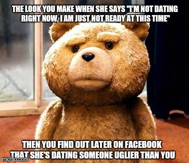 TED Meme | THE LOOK YOU MAKE WHEN SHE SAYS
"I'M NOT DATING RIGHT NOW, I AM JUST NOT READY AT THIS TIME" THEN YOU FIND OUT LATER ON FACEBOOK THAT SHE'S  | image tagged in memes,ted | made w/ Imgflip meme maker
