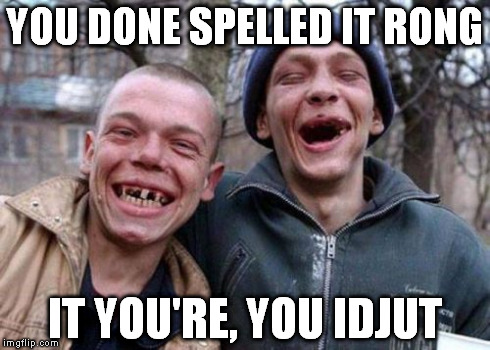 Ugly Twins Meme | YOU DONE SPELLED IT RONG IT YOU'RE, YOU IDJUT | image tagged in memes,ugly twins | made w/ Imgflip meme maker