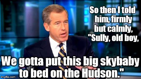 Bwillie | So then I told him, firmly but calmly, "Sully, old boy, We gotta put this big skybaby to bed on the Hudson." | image tagged in bwillie,brian williams | made w/ Imgflip meme maker