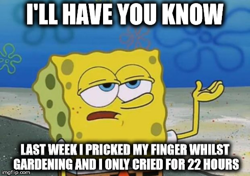 Tough SpongeBob | I'LL HAVE YOU KNOW LAST WEEK I PRICKED MY FINGER WHILST GARDENING AND I ONLY CRIED FOR 22 HOURS | image tagged in memes,spongebob,tough spongebob,ill have you know spongebob | made w/ Imgflip meme maker